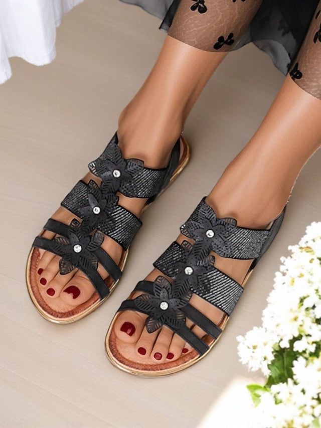 Elegant Rhinestone Flat Floral – Sandals Women's Beige