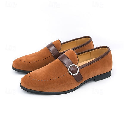 Slip-On Strap Brown Faux Loafers with Suede Buckle Men's
