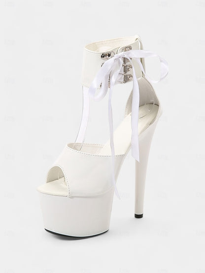 Black with Platform Lace-Up Patent Ankle Straps Sandals Leather