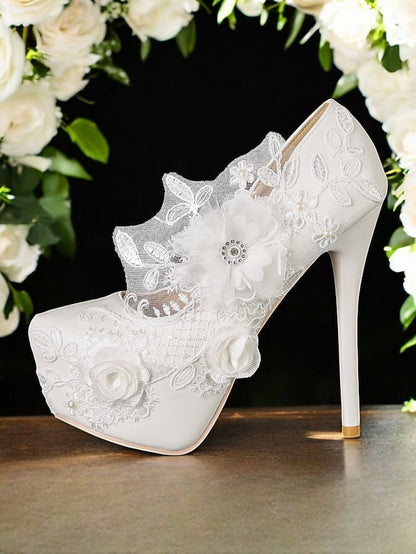 White Wedding Shoes Floral with Embellishments Lace