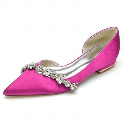 and Crystal with Satin Shoes White Toe Pointed Flat Wedding