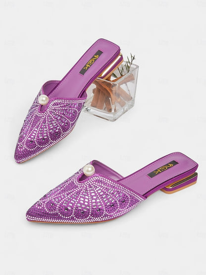 with - Glamorous Detail Gold Rhinestone Women's Mules Pearl