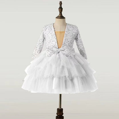 Performance Sleeve Long Sequin Kids Dress Party Girls'