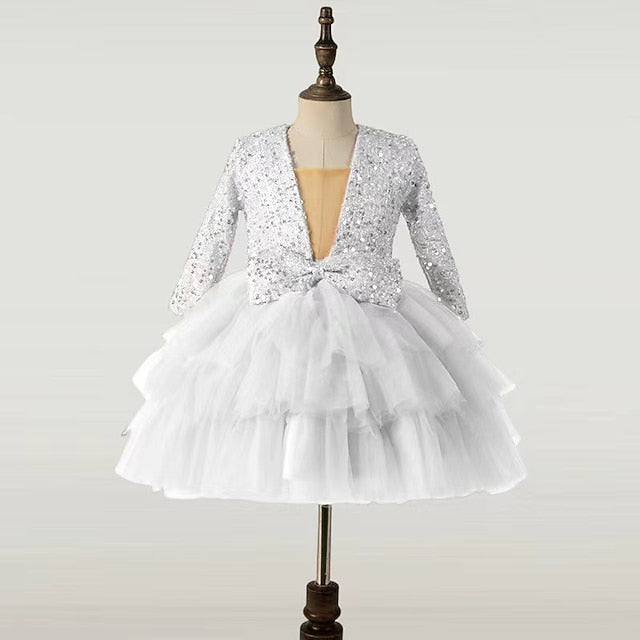 Sleeve Girls' Party Kids Sequin Long Performance Dress