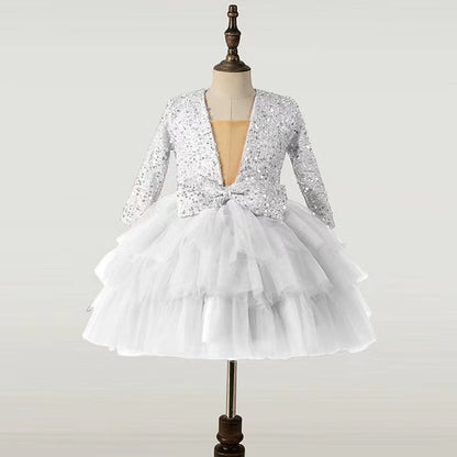 Sleeve Girls' Party Kids Sequin Long Performance Dress