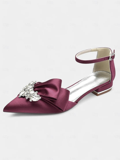 Pointed-Toe White Rhinestone Bow Heels with Ankle Satin and
