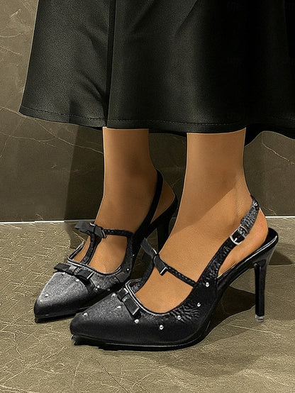 T-Strap Bows – Purple Satin Women's with and Heels Studs