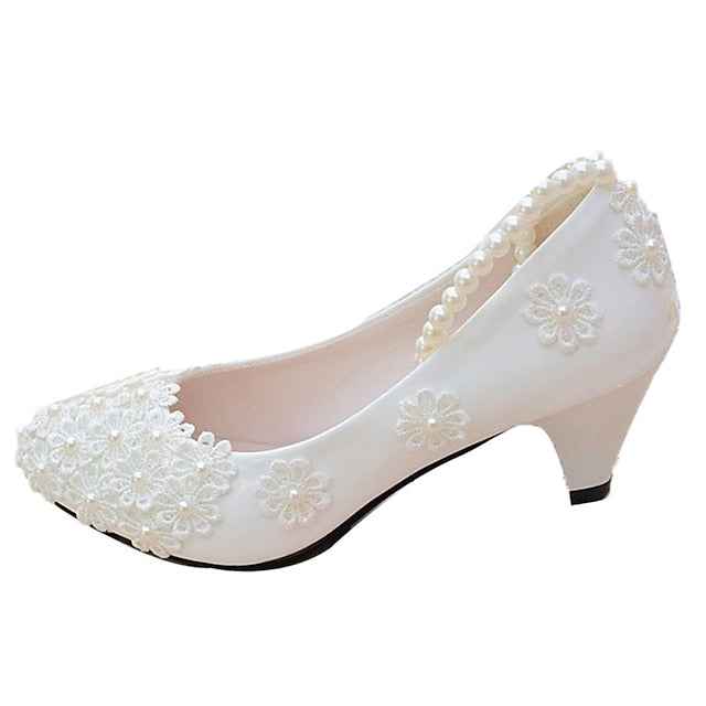 Lace Decorated Heels Women's Wedding – White Floral Pearl