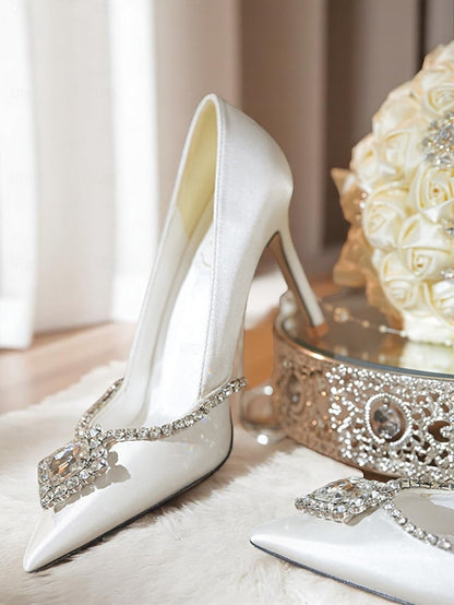 White Women's Heels Toe Crystal Pointed Wedding Satin with