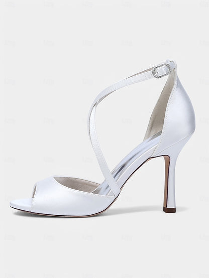 Cross-Strap Heels Women's Elegant White Satin – Peep-Toe