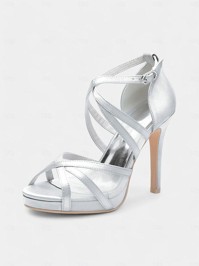 Satin Sandals - Bridal High with Cross Perfect Heel Straps White