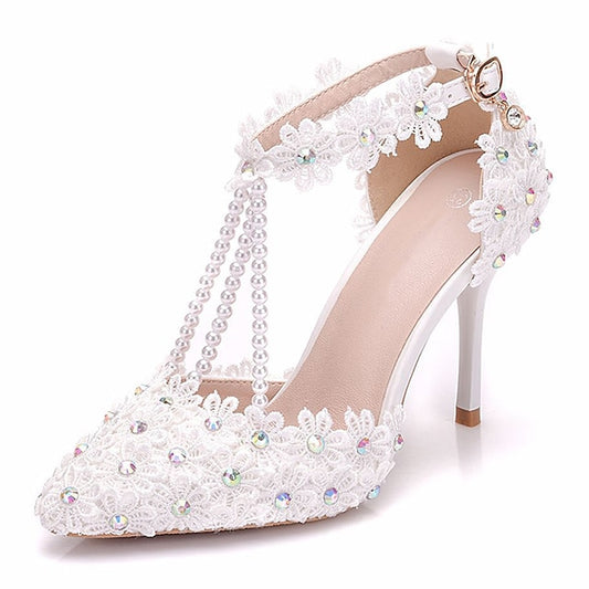 Lace Wedding Shoes Heel High Bridal Pointed Women's