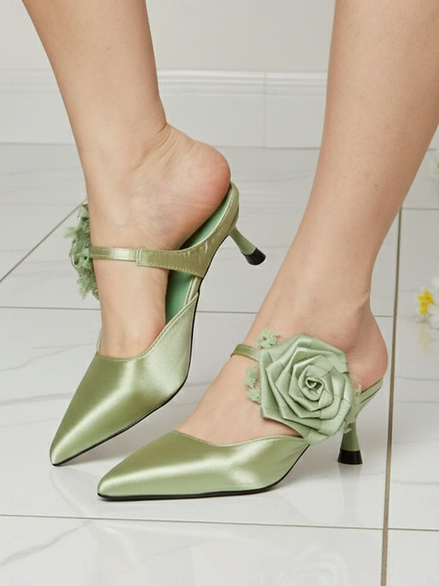 Floral Toe Heels Women's Ankle Satin Pointed Green with