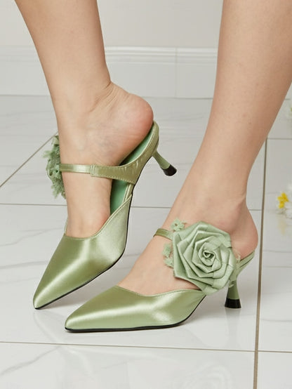 Satin Floral with Pointed Ankle Heels Toe Women's Green
