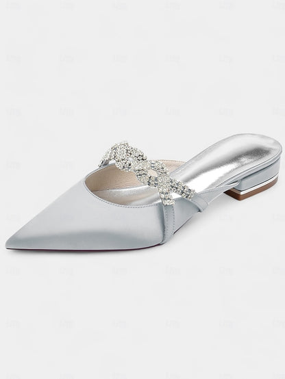 - Satin Blue Heels Mule Detailing with Rhinestone Pointed-Toe