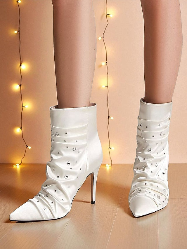 Rhinestone Ankle Satin with White Boots Women's