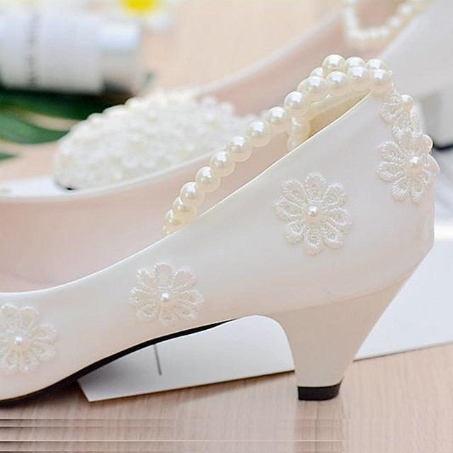 Lace Decorated Heels Women's Wedding – White Floral Pearl
