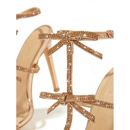 Knot Gold Sandals Women's Stiletto Sparkly – Strappy Bow