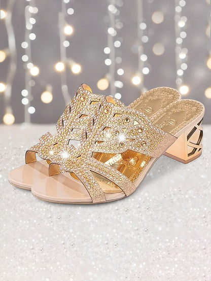 Gold Sandals Green Rhinestone Heeled Embellished - and