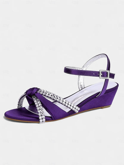 Satin Rhinestone Green - Women's Knot Wedge Sandals