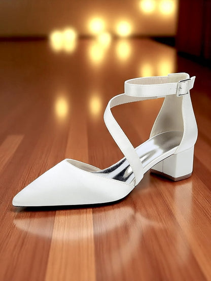 - Champagne Satin Pointed Toe Block Women's Heels