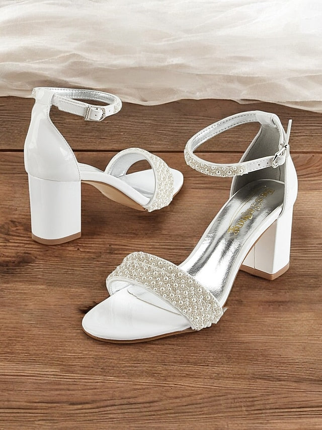 Ankle Strap Pearl-Embellished Heels Ivory Open-Toe for with