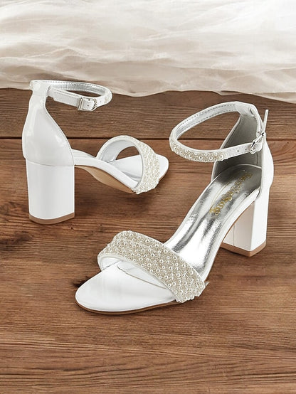 Ankle Strap Pearl-Embellished Heels Ivory Open-Toe for with