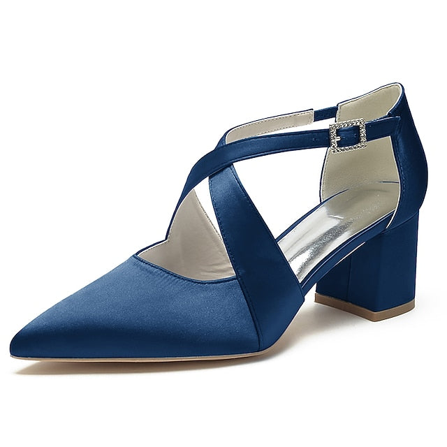 Elegant Block White Pointed Women's – Heels Satin Toe