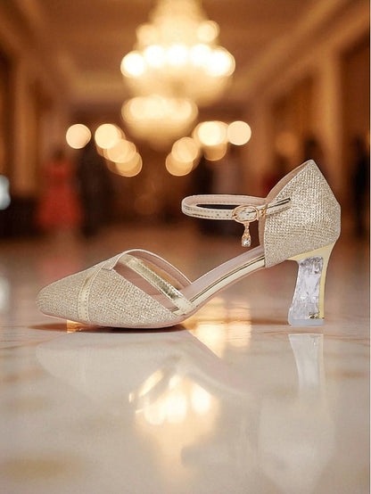 Gold - Strap Women's Pumps Glitter Heel Elegant Ankle Block