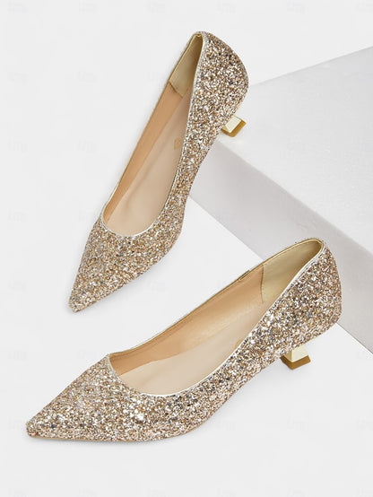 Toe Pointed Heel Women's Pumps Low Glitter - Sparkly