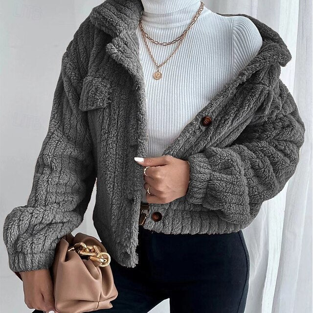 Casual Warm Teddy Plain Coat Women's Buttons Comfortable