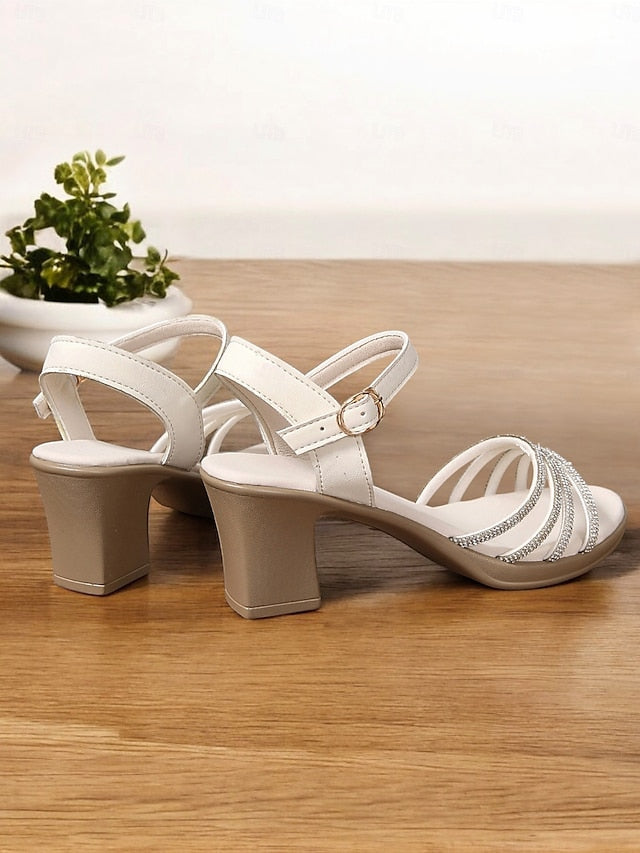 Heel - Comfortable Rhinestones with Block Sandals Strappy Black