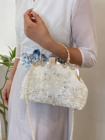 Evening White and Elegant Floral with Pearl Handbag Lace
