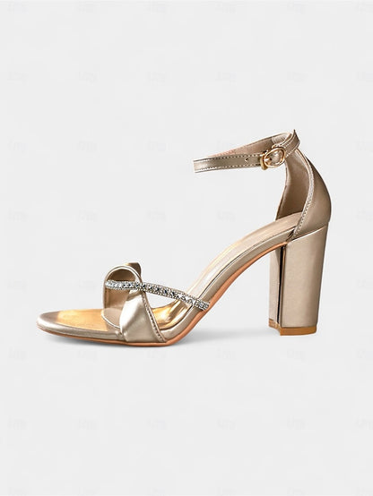 Block Open-Toe Ankle Gold PU Heel Sandals Strap - Women's