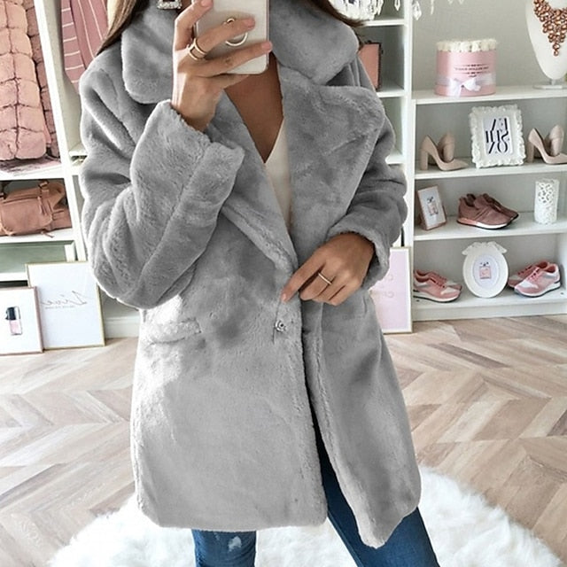 Coat Faux Casual Fur Warm Pocket Comfortable Women's