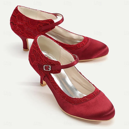 Mid-Heel Lace - Women's Elegant Satin Heels Comfortable Red