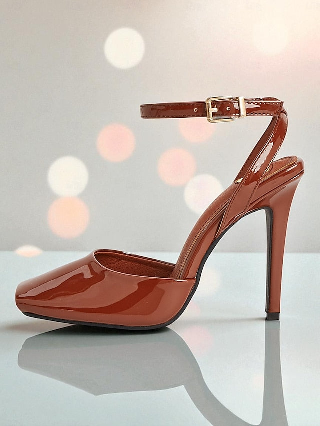 Peep High - Heels Leather Green Women's Toe Dark Patent