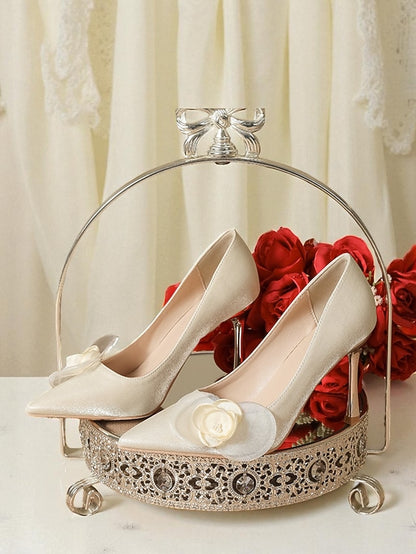 Elegant Satin Pointed Floral - Women's Wedding Ivory Heels