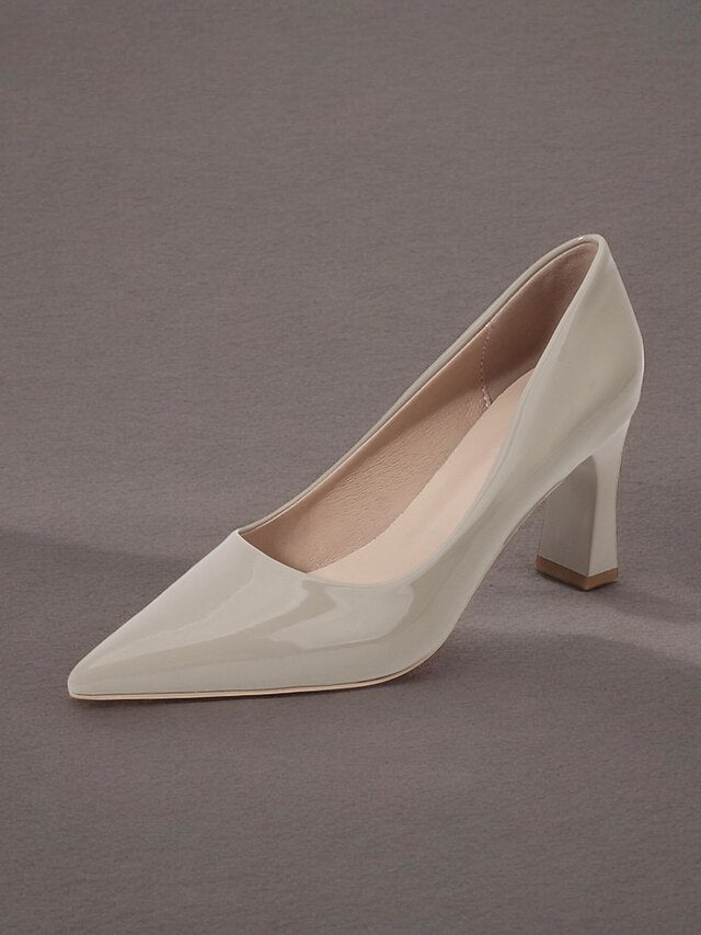 Leather Block Heel Glossy Pointed-Toe Pumps Green Patent Faux