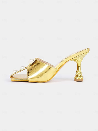 – Gold Elegant Pearl with for Mules Open-Toe Detailing Women