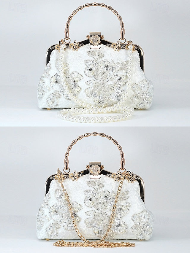 Evening White and Elegant Floral with Pearl Handbag Lace