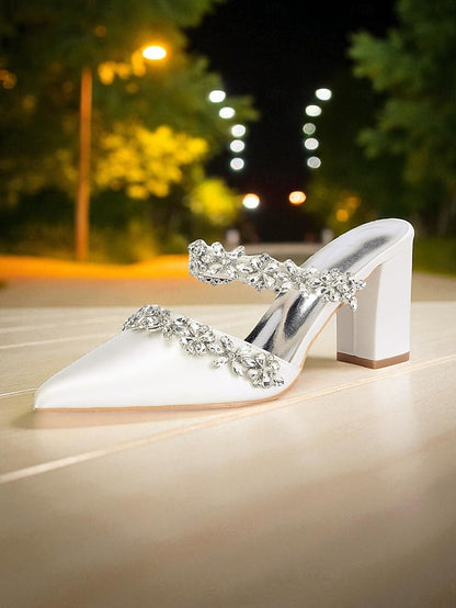 Women's Floral Satin Black Rhinestone Heel Mules Block with