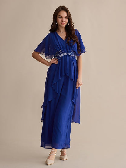 Guest Sequin Cuff Chiffon Wedding Flare Royal Blue Embroidered