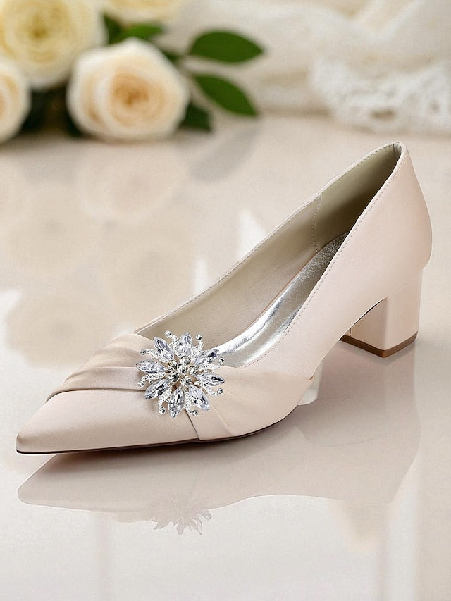 Women's Crystal Heel Pumps Block Low with White