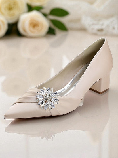 Women's Crystal Heel Pumps Block Low with White