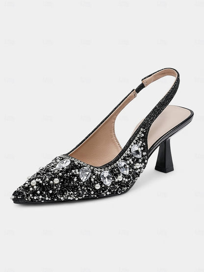 Slingback with Heels Rhinestone Gold Women's Pearl