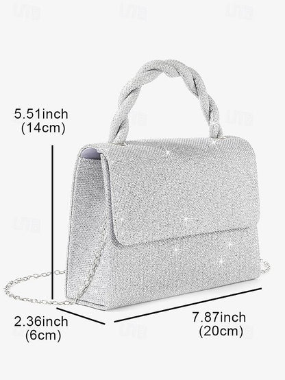 Women's Braided Handbag and Handle Silver with Glitter