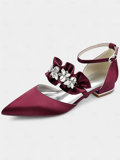 with Pointed-Toe Black Satin Women's Rhinestone Flats