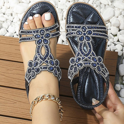 T-Strap Rhinestone Sandals Boho – Flat Women's Silver