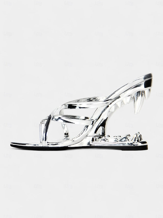 Sandals with Sculpted Design Unique Heel Metallic Flat - Gold